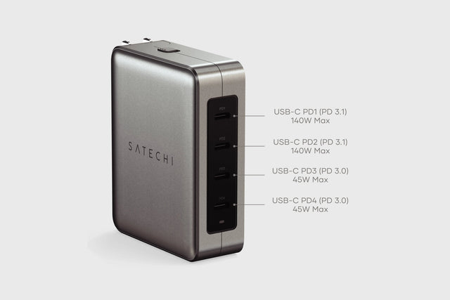 Side view of the Satechi 145W USB‑C 4‑Port GaN Travel Charger displaying four USB‑C PD ports labeled PD1 (PD 3.1) 140W Max and PD2 (PD 3.1) 140W Max, PD3 (PD 3.0) 45W and PD4 (PD 3.0) at 45W Max.
