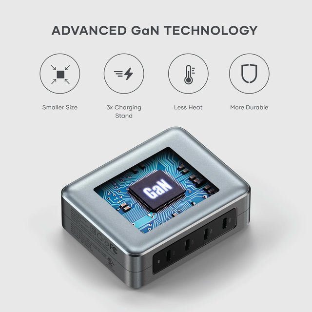 Close-up of the Satechi GaN charger highlighting advanced GaN technology with a visual of an internal GaN chip and icons for text: smaller size, 3x Charging Stand, less heat, and more durable.