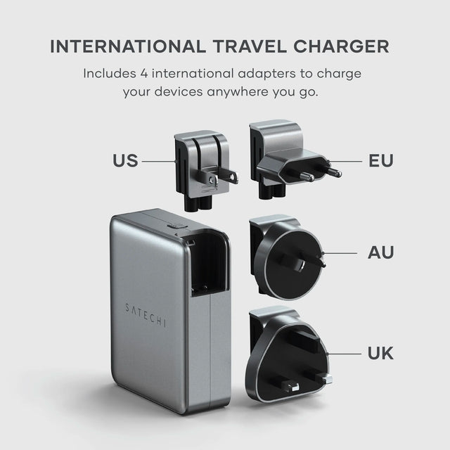 Product image of the Satechi 145W USB‑C 4‑Port GaN Travel Charger shown with four international plug adapters labeled US, EU, AU, and UK. Text says " Includes 4 international adapters to charge your devices anywhere you go."