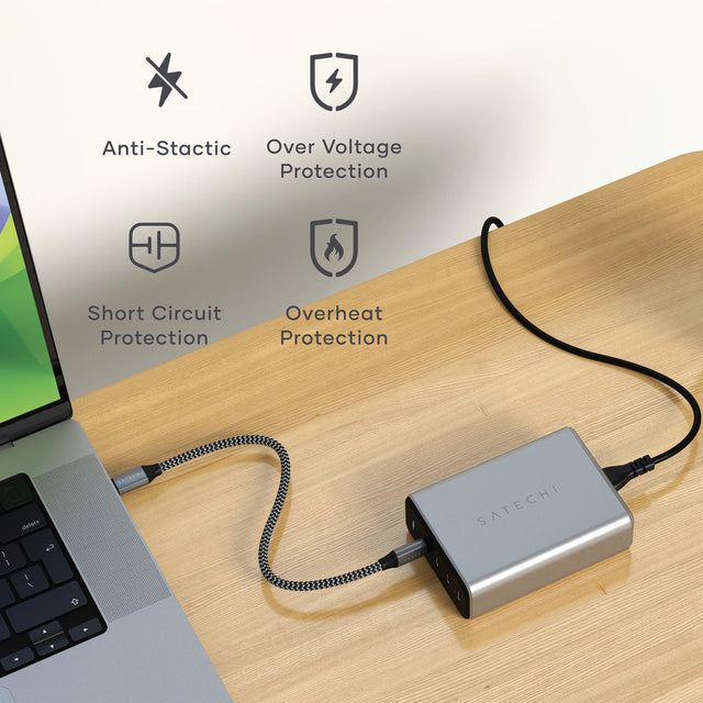 Satechi 165W USB‑C 4‑Port PD GaN Charger powering a MacBook. Icons are floating above. Text says: Anti-Static, Over Voltage Protection, Short Circuit Protection, Overheat Protection. 
