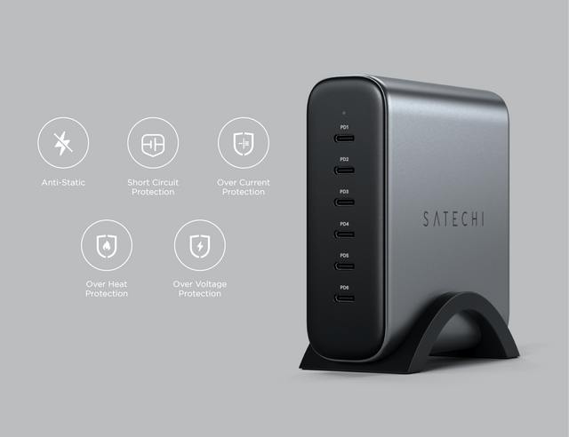 Satechi  200W USB-C 6-Port PD GaN Charger standing on a desk in its stand with icons illustrating protections. Text says " such anti‑static, short‑circuit protection, over‑current protection, over‑heat protection, and over‑voltage protection.
