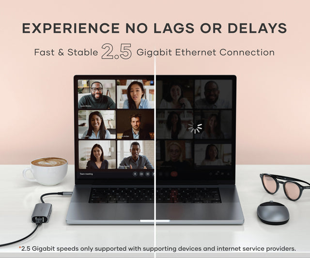 Satechi 4‑in‑1 USB‑C Hub with 2.5 Gigabit Ethernet connected to a MacBook, shown beside a split‑screen comparison. Text says: Experience no lags or delays. Fast and Table 2.5 Gigabit Ethernet Connection" below image, text says : *2.5 Gigabit speeds only supported with supporting devices and internet service providers.