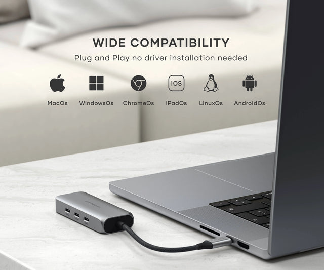 Satechi 4‑in‑1 USB‑C Hub with 2.5 Gigabit Ethernet connected to a laptop, with icons showing compatibility across macOS, Windows, ChromeOS, iPadOS, Linux, and Android.