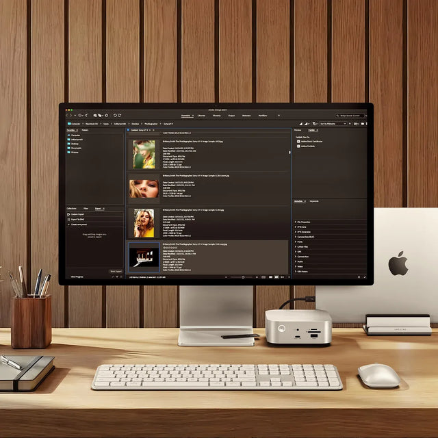 Thunderbolt 5 Pro Cable connecting a Thunderbolt 5 CubeDock™ with SSD Enclosure and external monitor on a desk with a wooden wall background, next to an EX3 Slim Wireless Keyboard and EX Wireless Mouse.