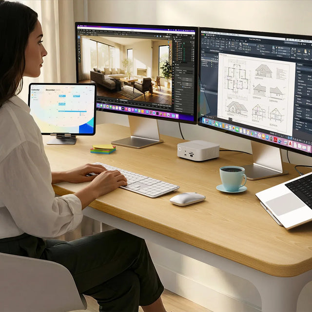 Satechi Thunderbolt 5 Pro Cable
connecting a Thunderbolt 5 CubeDock™ with SSD Enclosure to multiple computer monitors, supporting dual 8K@60Hz display, to seamlessly work on design software.