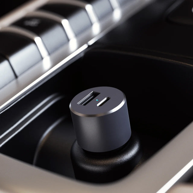 Satechi 72W Type-C PD Car Charger Adapter  with USB ports in a car's power outlet.