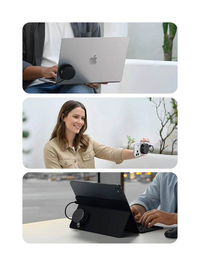 Three people using the OntheGo™ 7-in-1 Multiport Adapter with different devices. One magnetically attached to their MacBook, one on their iPad Stand, and one on their iPhone.
