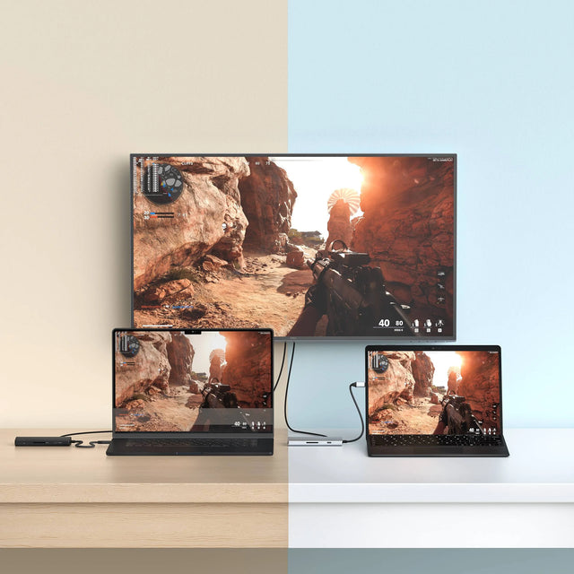 Satechi USB‑C Multiport Adapter 8K With Ethernet V3 connecting a MacBook and laptop to an external monitor, showcasing 8K video output capability.