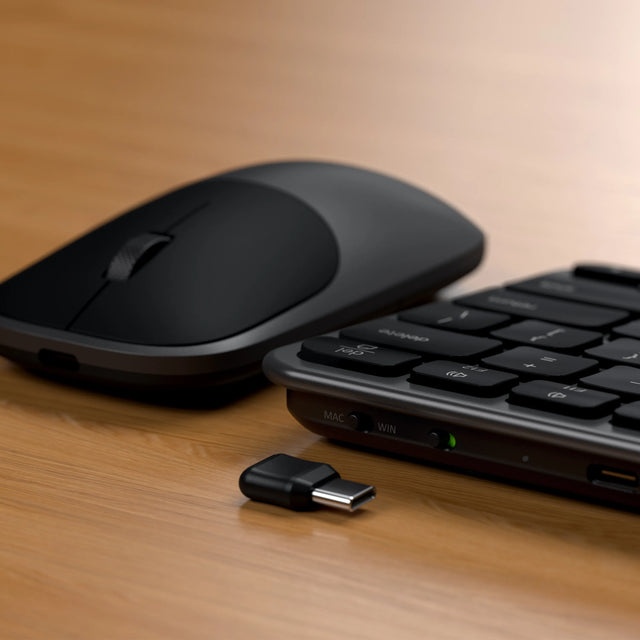 Slim CEX1 Wireless Combo, featuring the Slim EX1 low‑profile wireless keyboard, Slim EX wireless mouse, and single USB-C dongle connecting  keyboard and mouse.
