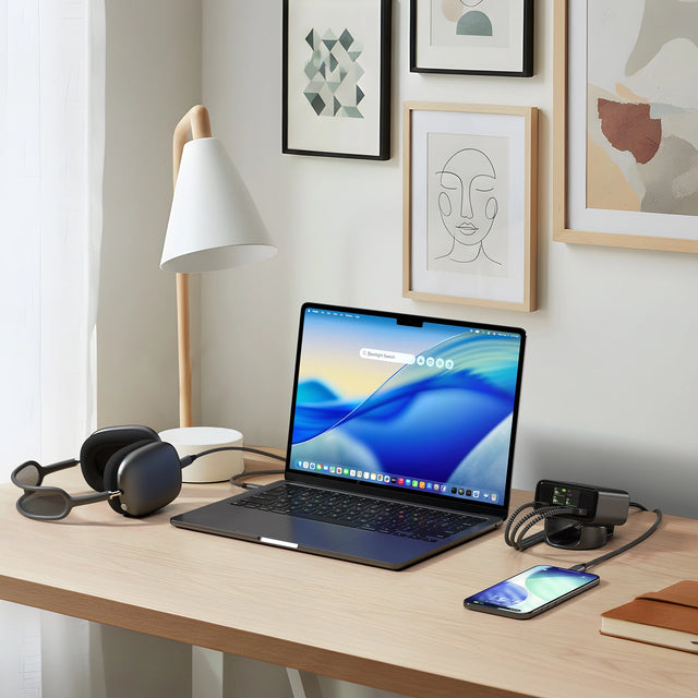 Satechi ChargeView™ 140W Desktop Charger on a modern wood desk in a home office environment, connected to a MacBooks and iPhone. The charger sits to the right of the workspace with visible USB‑C cables and illuminated LCD display, showing real‑time charging information. Surrounding objects include a desk lamp, framed wall art, headphones, and a closed notebook.