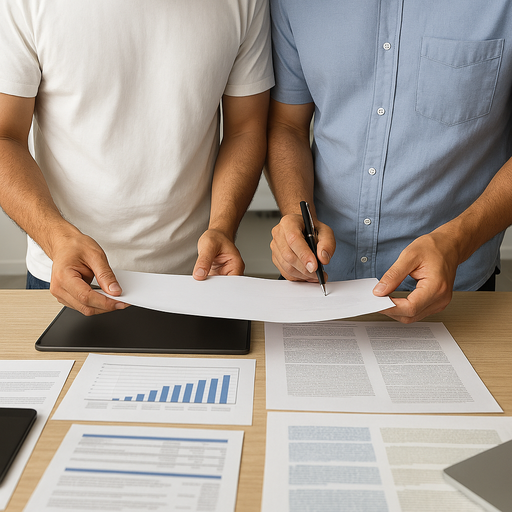 Two people reviewing documents at a desk 