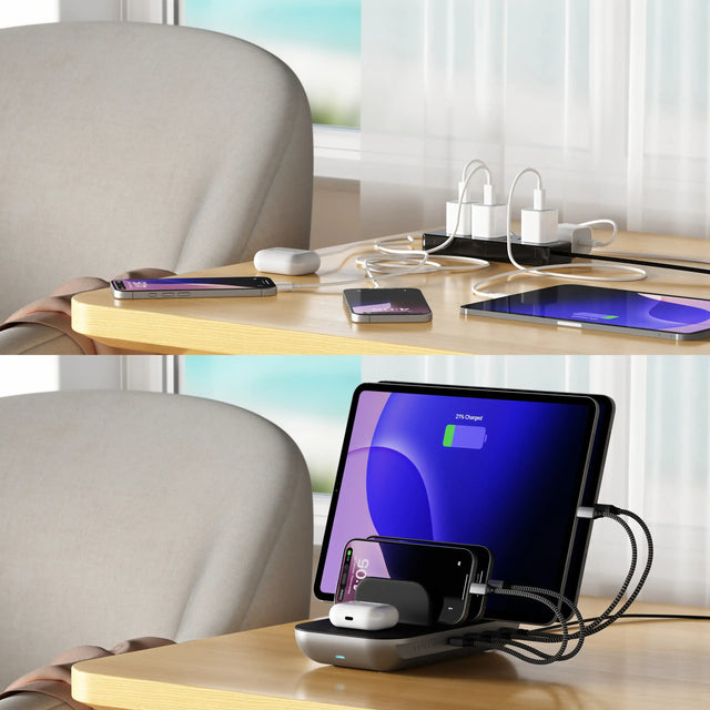 A before and after image that shows Multiple electronic devices charging on messily on top, and on the bottom a Dock5 Multi-Device Charging Station charging the device neatly on a wooden desk with a blurred window background.