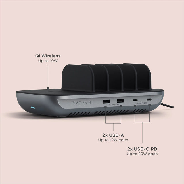 An image of the Satechi Dock5 Multi-Device Charging Station, showing the text Qi Wireless platform charging up to 10W, 2x USB-A charging up to 12W each, 2x USB-C PD charging up to 20W each. 