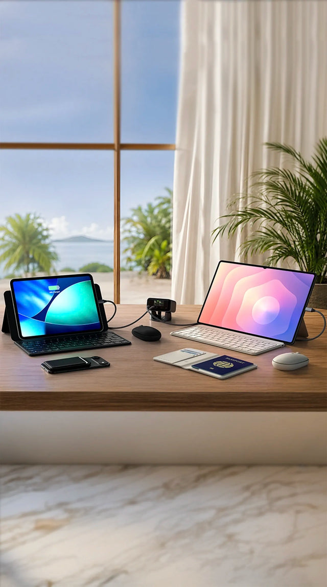 Satechi travel tech accessories in a dual-iPad workspace with 2 OntheGo Bluetooth Keyboard with Stand and ChargeView 140W Desktop Charger, OntheGo™ Bluetooth Mouse, and Vegan-Leather FindAll Passport Cover.