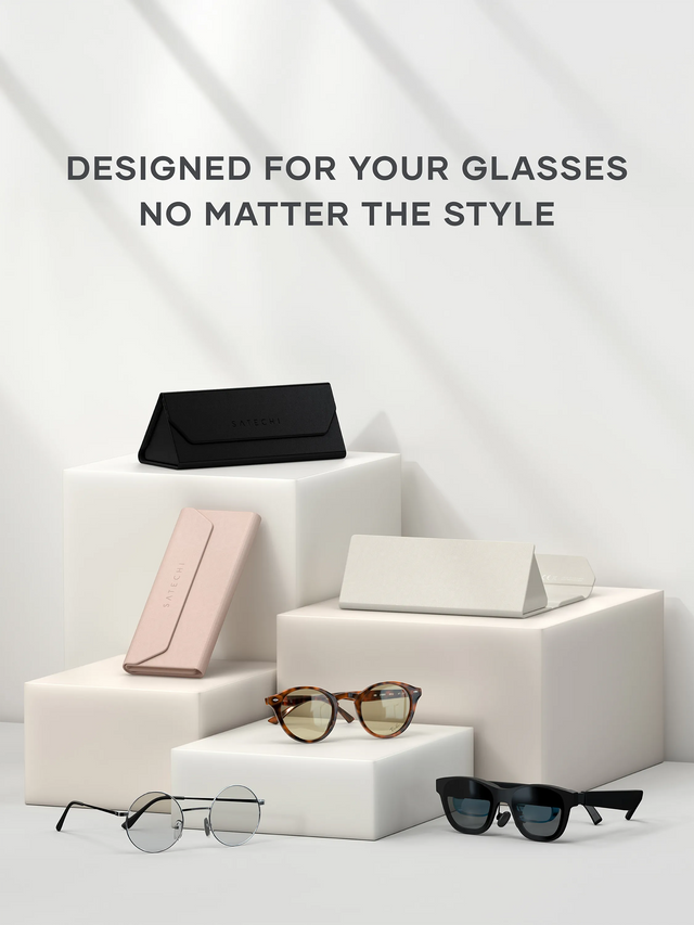 Glasses and Vegan-Leather FindAll™ Glasses Cased displayed on white cubes with text 'Designed for your glasses no matter the style' on a white background