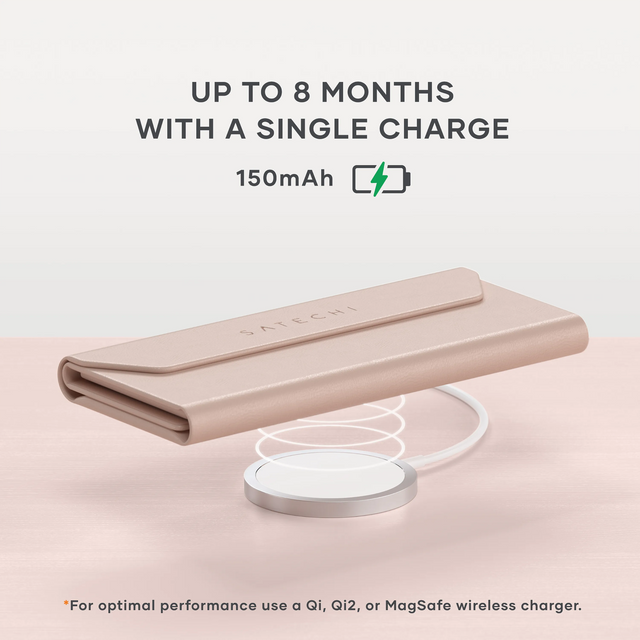 The Vegan-Leather FindAll™ Glasses Case folded above a magnetic charger with a charging battery icon above. Text says: Up to 8 months with a single charge 150 mAh 