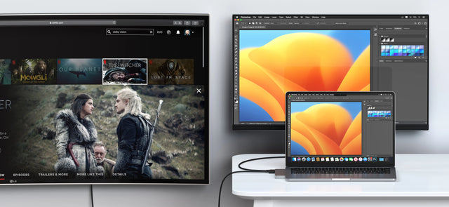 MacBook Air M2 in the Satechi Eco Hardshell Case connected to an external display, showing extended‑screen functionality for streaming and productivity.
