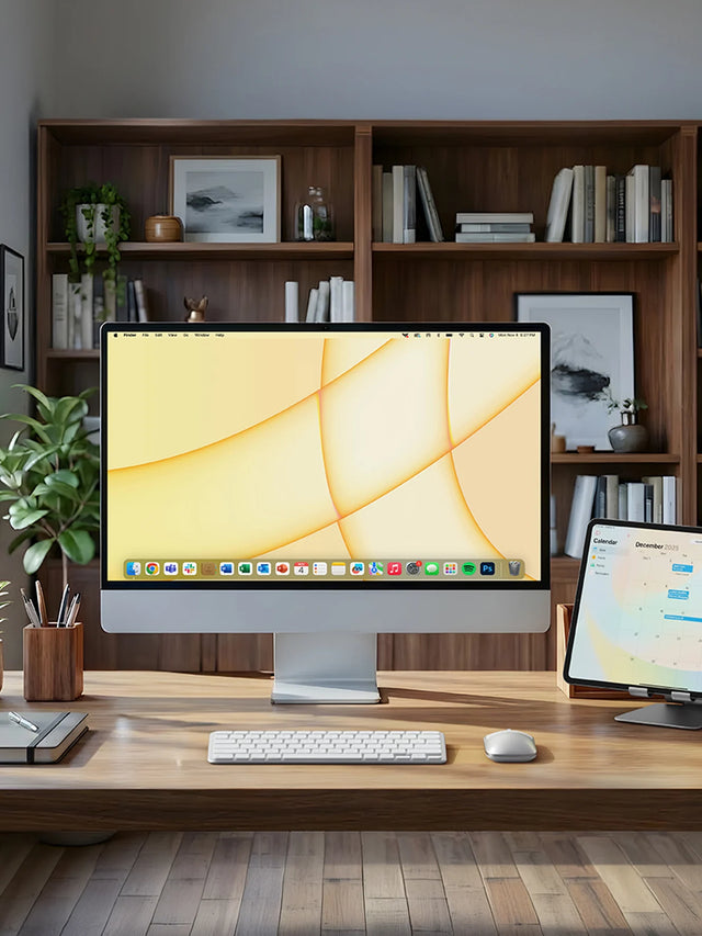 A modern desk setup showing a large monitor, the Slim EX1 Wireless Keyboard, the Slim EX Wireless Mouse, and iPad on a stand.