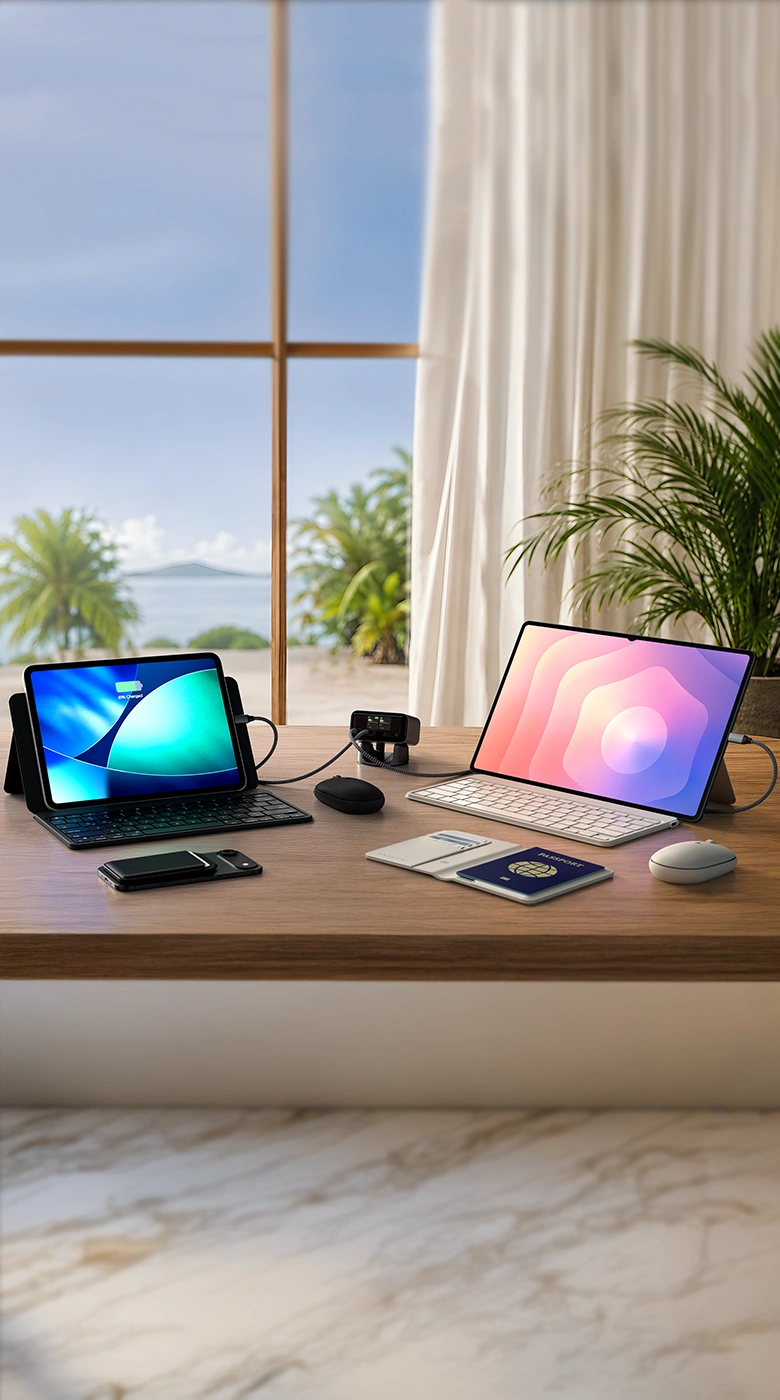 Satechi travel tech accessories in a dual-iPad mobile workspace on a wood desk by an ocean-view window. Left: a tablet on the OntheGo Bluetooth Keyboard with Stand, screen reading "87% Charged." The ChargeView 140W Desktop Charger, a green display showing its charging readout, powering both tablets as a 140W USB C charger, with a black OntheGo Bluetooth mouse beside it. Right: a second iPad on OntheGo Bluetooth Keyboard with Stand, OntheGo™ Bluetooth Mouse, and to Vegan-Leather FindAll Passport Cover