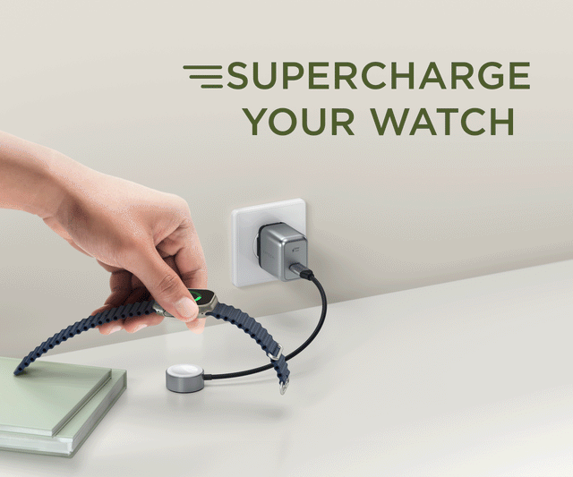 Satechi USB‑C Fast Charging Cable for Apple Watch connected to a wall charger as a hand places the Apple Watch onto the magnetic charging puck, with text reading ‘Supercharge Your Watch’ in the background.