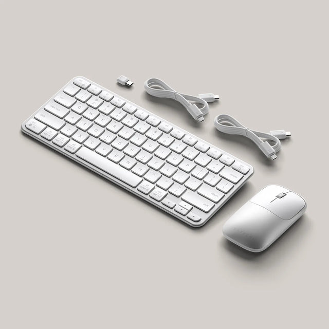 Satechi Slim CEX1 Wireless Combo contents including Slim EX1 wireless keyboard, Slim EX wireless mouse, USB dongle receiver, and two charging cables.