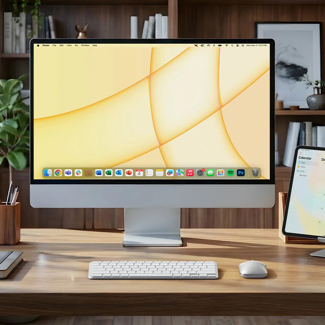 The Satechi Slim CEX1 Wireless Combo,  the Slim EX1 wireless keyboard and Slim EX wireless mouse positioned in front of a desktop computer.