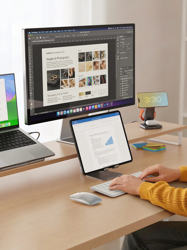 Satechi Slim CEX1 Wireless Combo shown in use with a person typing on the Slim EX1 wireless keyboard and using the Slim EX wireless mouse at a modern multi‑device workstation.