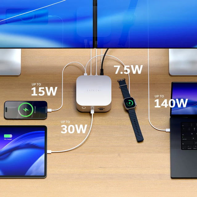 An infographic showing the power output of the Thunderbolt 5 CubeDock™ with SSD Enclosure, 15W to iPhone, 7.5W to Apple Watch, up to 140W to MacBook, and up to 30W to an iPad. 