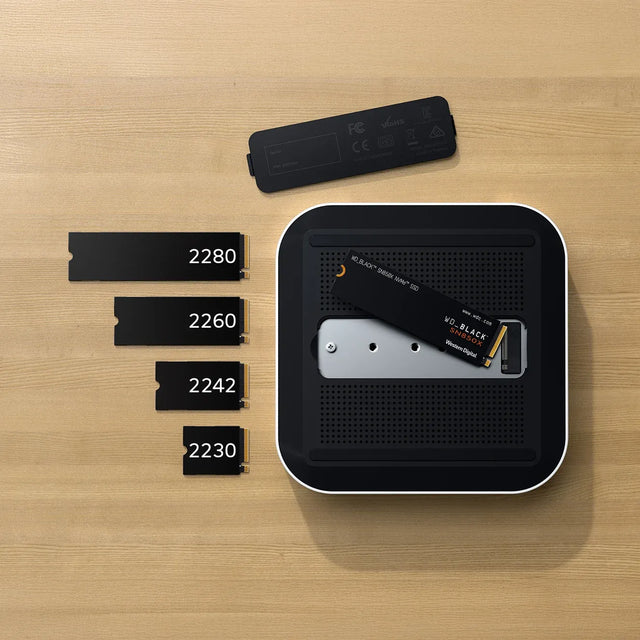 A diagram showing the sizes of the SSD drices compatiable with the Thunderbolt 5 CubeDock™ with SSD Enclosure, 2280, 2260, 2242, 2230.
