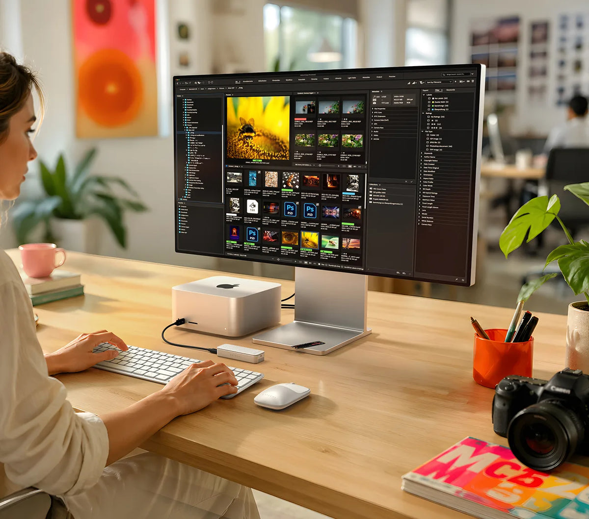Satechi DotDisk™ 80Gbps SSD enclosure connected to a desktop workstation, providing ultra‑fast external NVMe storage for photo editing and high‑performance workflows.