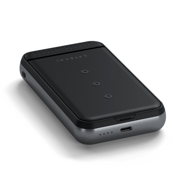 Close-up of the Satechi Duo Wireless Charger Power Stand showing its slim, portable design with USB‑C port and LED indicators.
