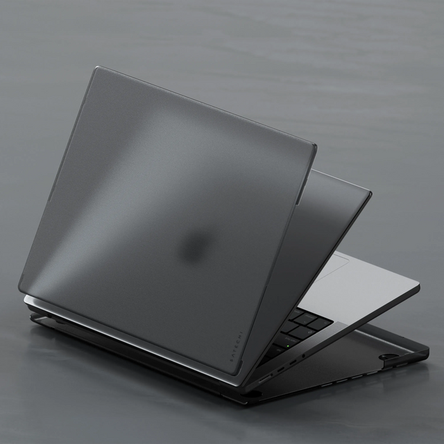 MacBook Air M2 protected by the Satechi Eco Hardshell Case, displayed partially open to highlight the case’s slim, matte finish.