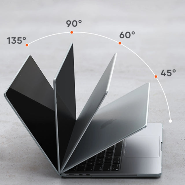 MacBook Air M2 with the Satechi Eco Hardshell Case shown opening at multiple angles from 45° to 135° to demonstrate hinge flexibility.