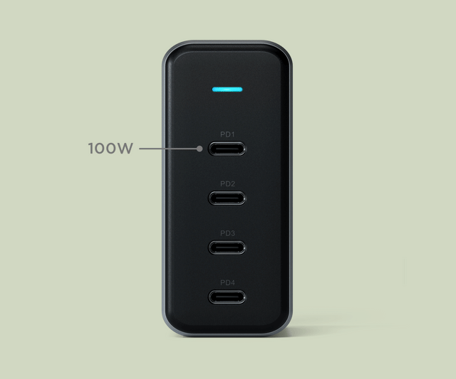 Close‑up of the Satechi 165W USB‑C 4‑Port PD GaN Charger highlighting the four USB‑C PD ports, including a 100W USB‑C PD1 port labeled for high‑power charging.