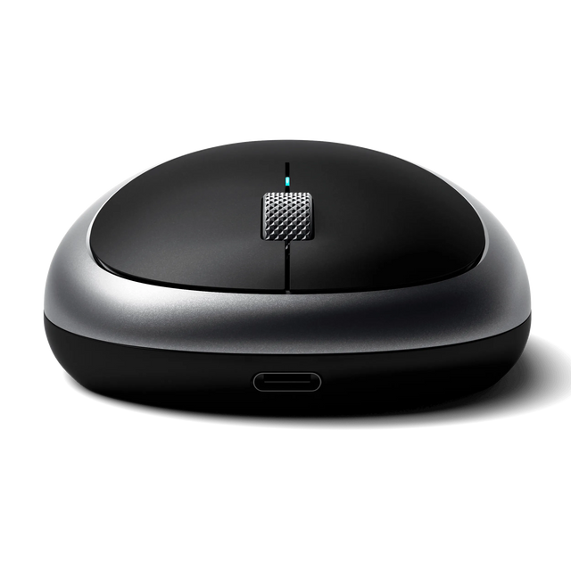 Front view of the Vegan‑Leather M1 Wireless Mouse highlighting the USB‑C charging port and ergonomic curved design.