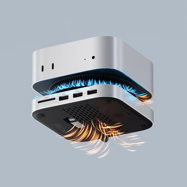 A diagram of the air flow of the fan in the Mac Mini M4 Stand & Hub with SSD Enclosure when attached to the Mac Mini M4.

