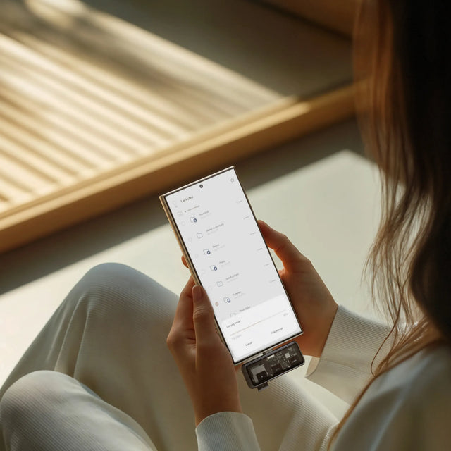 Satechi Mobile XR Hub with microSD Reader connected to a smartphone while the user navigates device settings, demonstrating smooth file access and fast data transfer.