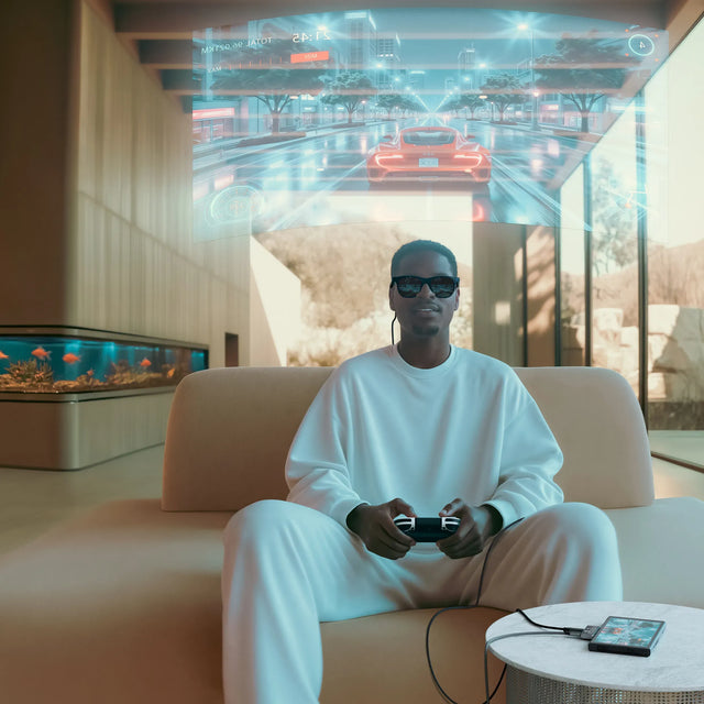 Satechi Mobile XR Hub with microSD Reader connected to a handheld gaming device, projecting an immersive XR gaming display in a modern living room environment.