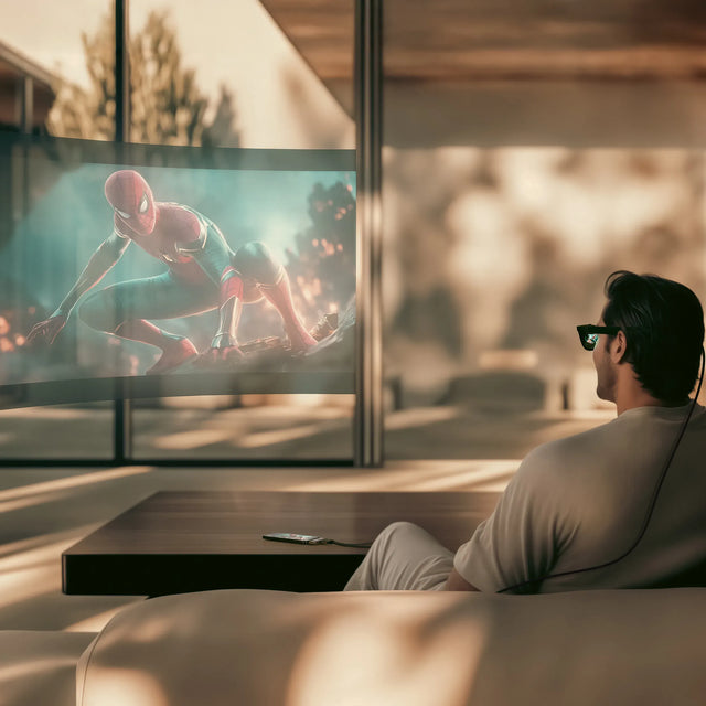 Person watching action hero movie on XR glasses, powered by Mobile XR Hub with microSD Reader  in a modern indoor setting.