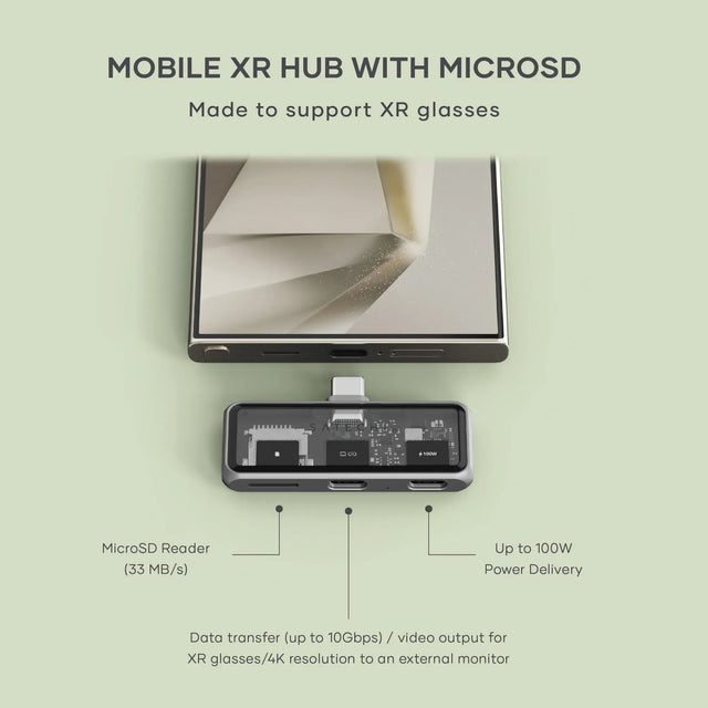 Satechi Mobile XR Hub with microSD Reader connected to a smartphone, with labels noting microSD reader at 33 MB/s, up to 100W power delivery, and up to 10Gbps high‑speed data transfer for XR glasses or 4K video output.