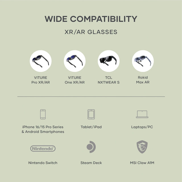 Compatibility chart for the Satechi Mobile XR Hub with microSD Reader, showing supported XR/AR glasses including VITURE Pro XR/AR, VITURE One XR/AR, TCL NXTWEAR S, and Rokid Max AR, plus devices like iPhone 16/15 Pro, Android phones, tablets, laptops, Nintendo Switch, Steam Deck, and MSI Claw A1M.