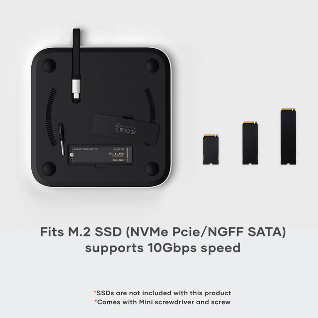 Satechi Stand & Hub For Mac Mini / Studio With NVMe SSD Enclosure, showing where NVMe drive is installed. Text: Fits M.2 SSD (NVMe Pcie/NGFF SATA) supports 10Gbps speed . SSDs are not included with this product. Comes with mini screwdriver and screw. 