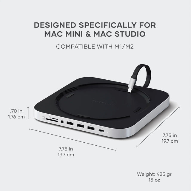 Stand & Hub For Mac Mini / Studio With NVMe SSD Enclosure dimensions and compatibility text on a light gray background. Text: DESIGNED SPECIFICALLY FOR MAC MINI & MAC STUDIO
COMPATIBLE WITH M1/M2; .
70 in
1.76 cm
7.75 in
19.7 cm
7.75 in
19.7 cm
Weight: 425 gr
15 oz