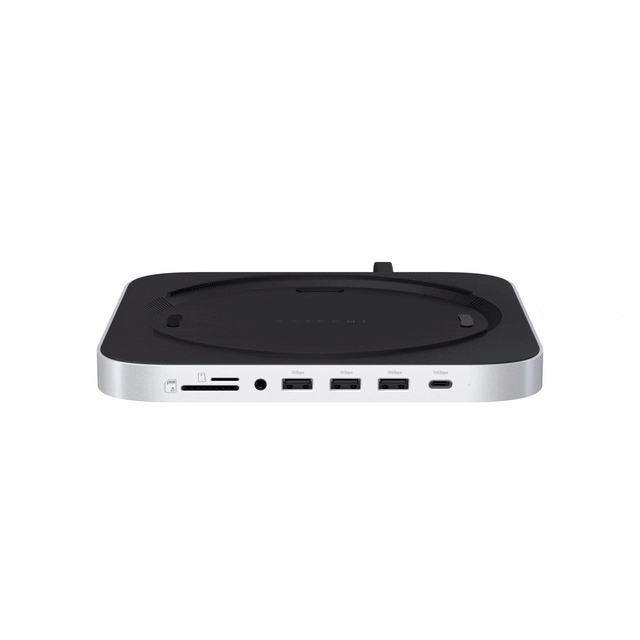 Gif of Satechi Stand & Hub For Mac Mini / Studio With NVMe SSD Enclosure showing attachment to Mac Mini. 