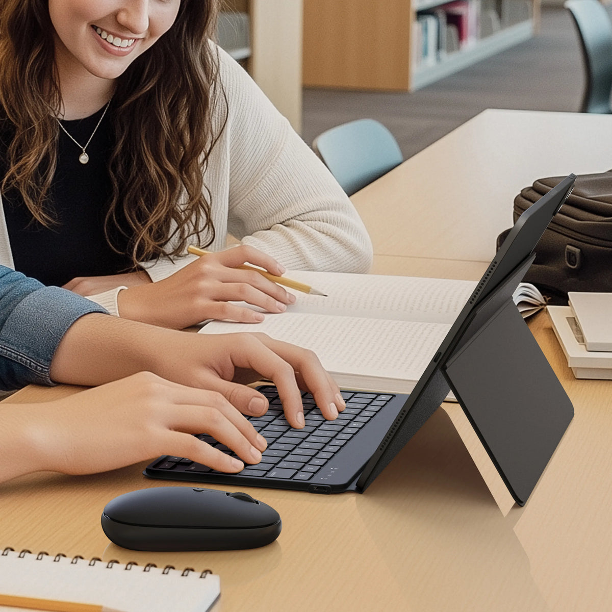 Two students working on their iPad while connected to the Satechi OntheGo™ Bluetooth Keyboard with Stand and Bluetooth Mouse.
