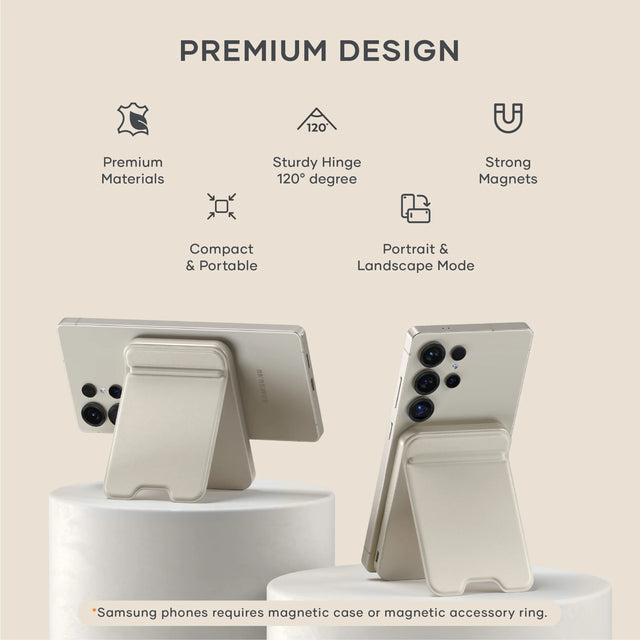 Satechi OntheGo Power Bank 5K attached to a smartphone using its magnetic stand, displayed in portrait and landscape modes to highlight its compact, portable design. Icons are seen floating above. Text says: Premium Materials, Sturdy Hinge 120 degree, Strong Magnets, Compact and Portable, Portrait and Lanscape Mode. * Samsung phones require magnetic case or magnetic accessory ring.