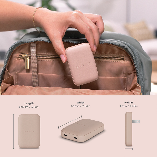 Person placing a OntheGo™ 67W Slim Wall Charger into a backpack with product dimensions displayed. Text says " Lenghth 8.09cm/ 3.15in width 5.17cm/ 2.03in, height 1.7cm/0.68in. 
