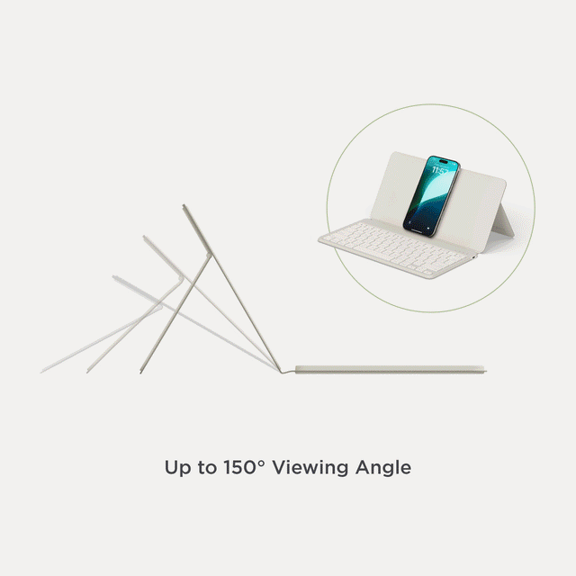 A gif of the OntheGo™ Bluetooth Keyboard with Stand with a variety devices like iPhone and iPad connected. Text says " Up to 150 degrees Viewing Angle"