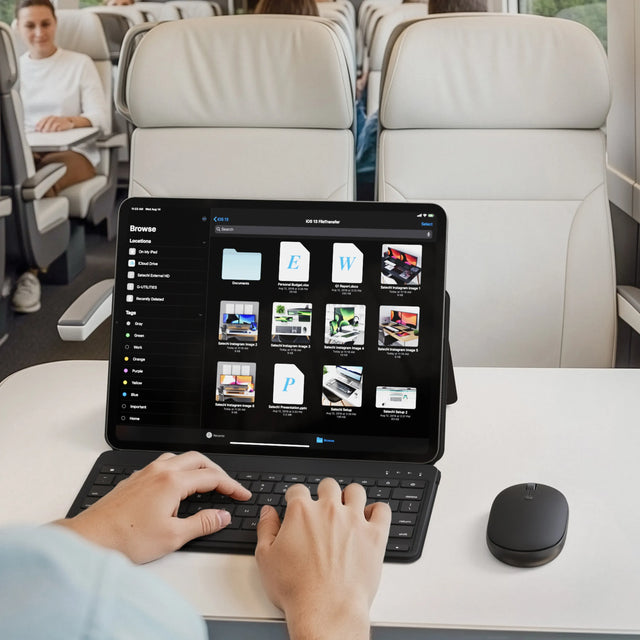 Person using a OntheGo™ Bluetooth Keyboard with Stand and OntheGo™ Bluetooth Mouse on an fancy train seat.