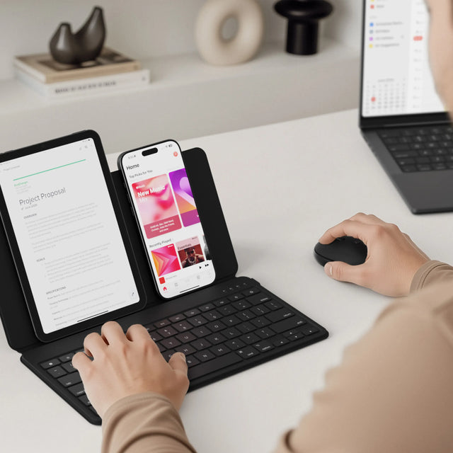 Person using a OntheGo™ Bluetooth Keyboard and Stand and OntheGo™ Bluetooth Mouse with their tablet and iPhone on a desk.